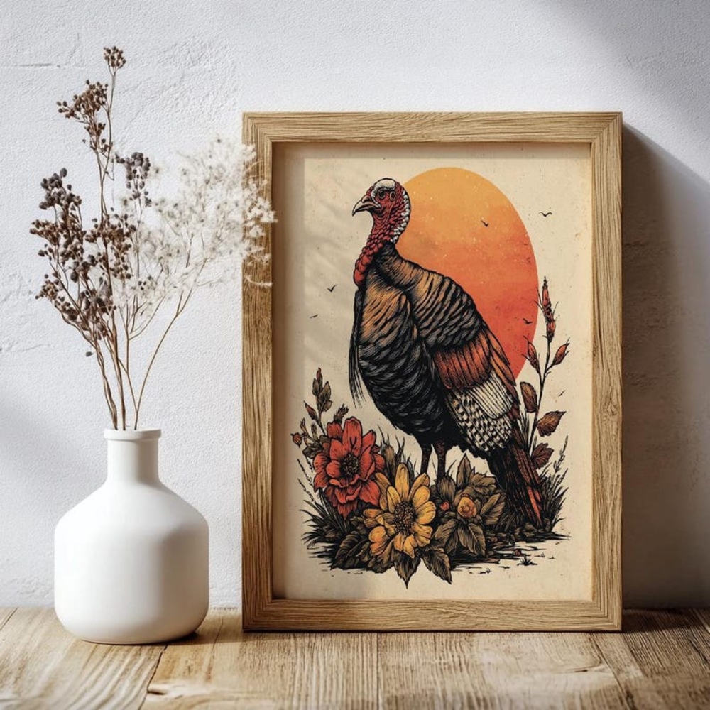 Vintage Woodland Retro Wall Art Turkey Print - Rustic Fall Wildlife Decor, Moody
